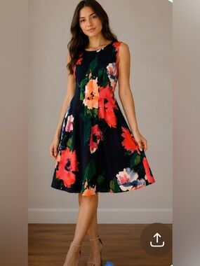 Vince Camuto Navy and bright floral dress in size 8.